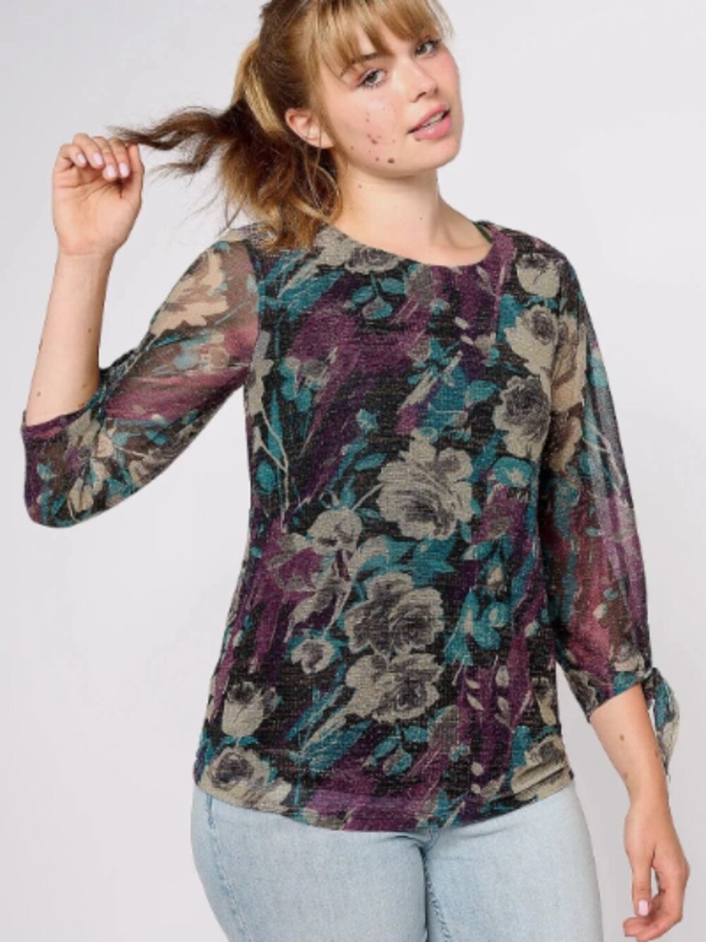 Susan Graver Occasions Foil Printed Knit Tie-Sleeve Top-Plum/Teal-Small-A618797